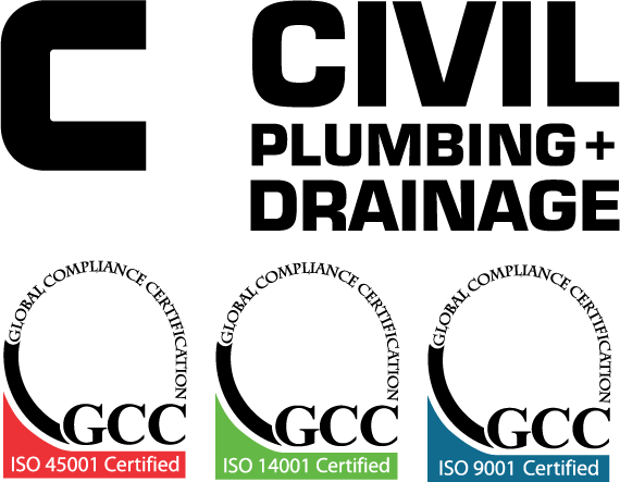 CJ Civil Plumbing and Drainage standards graphic showing ISO 45001, ISO 14001 and ISO 9001 certifications
